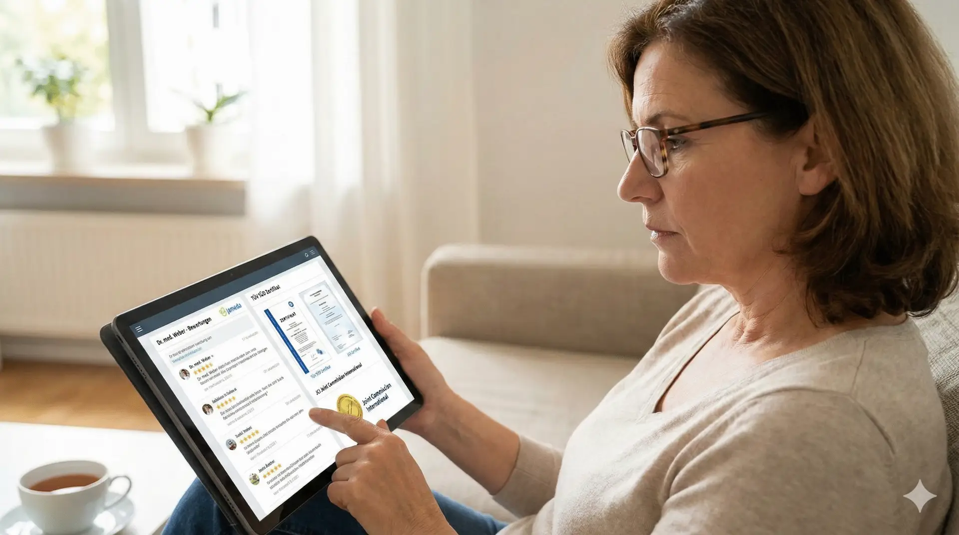 Tablette doktor yorumlarını ve klinik sertifikalarını inceleyen hasta